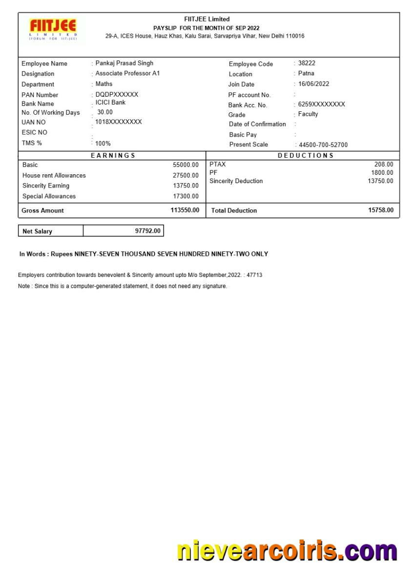 FIITJEE education center payslip